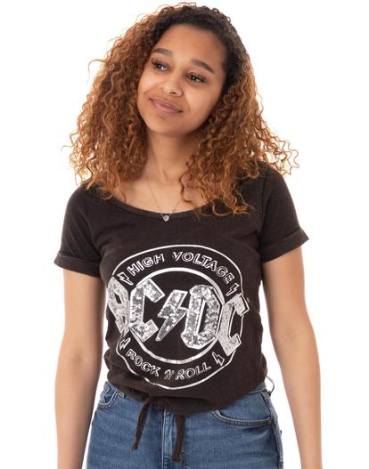 Black Ac/Dc High Voltage Sequin Acid Wash T-Shirt