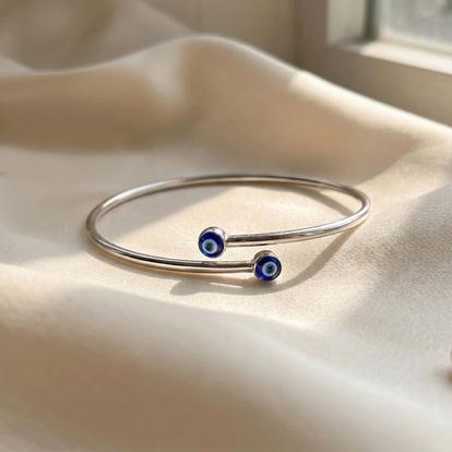 Metallic Turkish Blue Evil Eye Minimalist Sterling Silver Bangle
