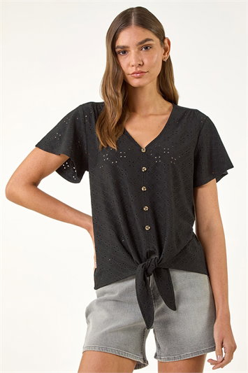Black V-Neck Broderie Stretch Tie Front Top
