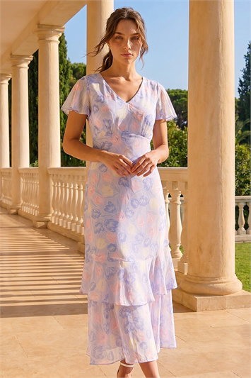 Purple Petite Floral V-Neck Frill Midi Dress