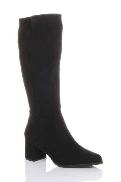 Black Mid Block Heel Pointed Toe Stretchy Riding Calf Boots