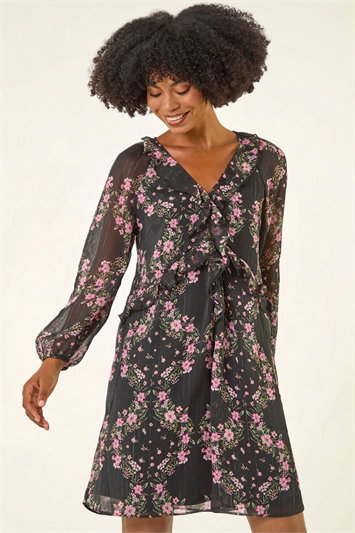 Black Floral Frill A-Line Dress