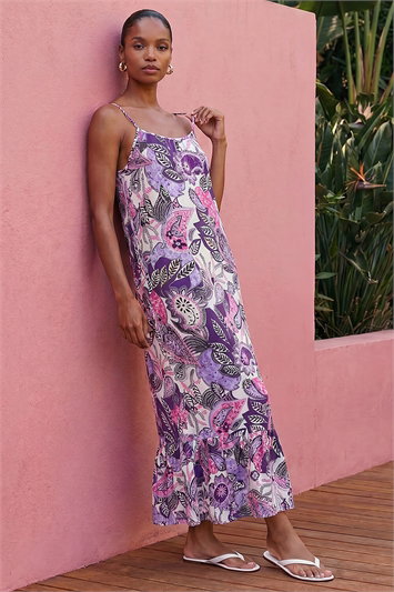 Purple Strappy Paisley Print Midi Dress