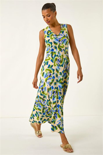 Blue Abstract Print Sleeveless Midi Dress