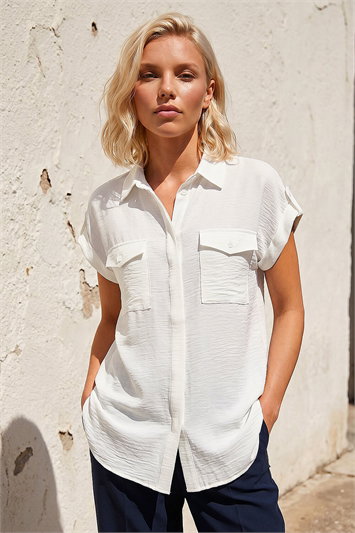 White Petite Pocket Button Up Blouse
