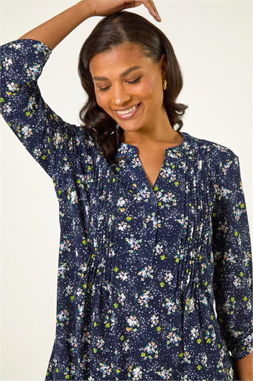 Blue Ditsy Floral Print Stretch Shirt