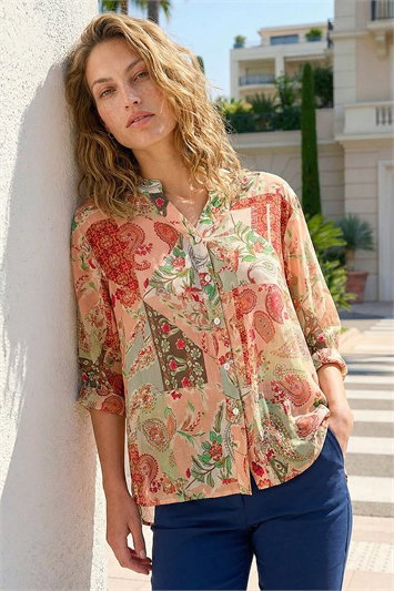 Orange Paisley Print V-Neck Blouse