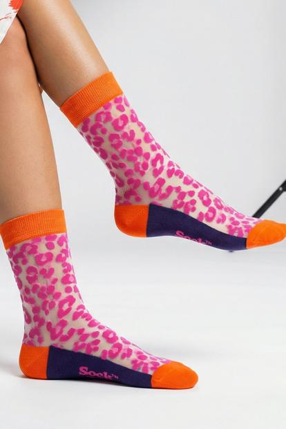 Multi Leopard Print Combed Cotton Sheer Pop Socks In Pink