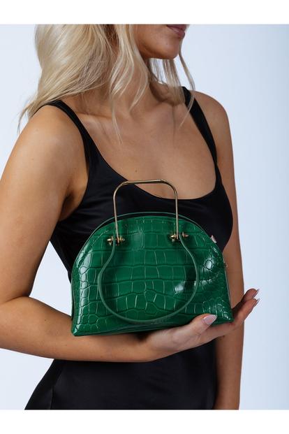 Black Dual Handle Croc Grab Bag In Green