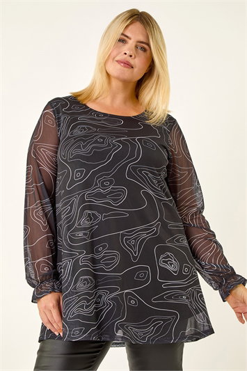 Black Curve Swirl Print Stretch Top