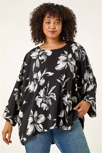 Black Curve Floral Print Stretch Top