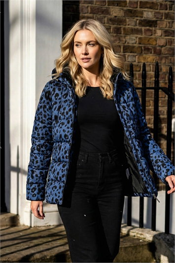 Blue Animal Print Flocked Hooded Coat