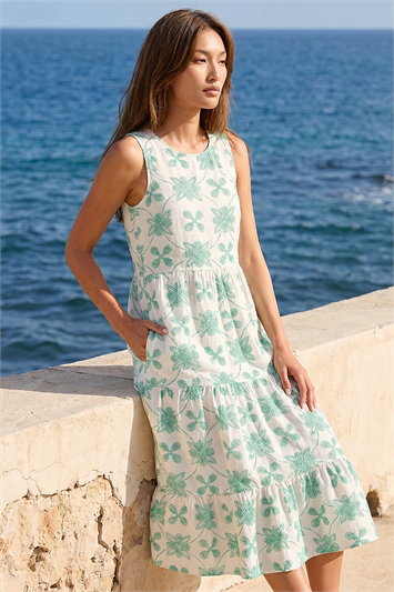 White Floral Motif Tiered Midi Dress