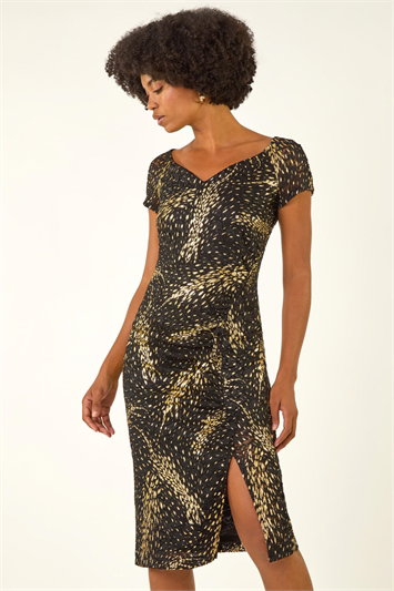 Black Foil Print Lace Ruched Dress