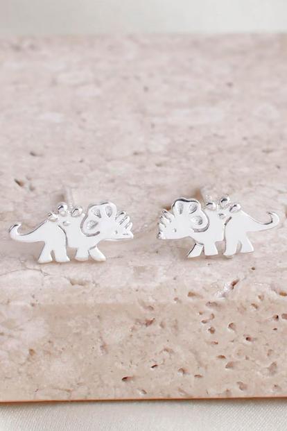 Metallic Sterling Silver Triceratops Dinosaur Studs