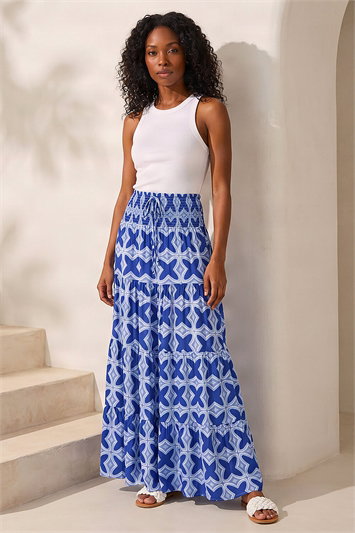 Tile Print Shirred Maxi Skirt 17034460