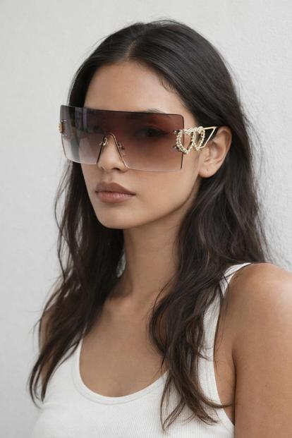 Brown Flatop Rimless Heart Detail Sunglasses In Brown