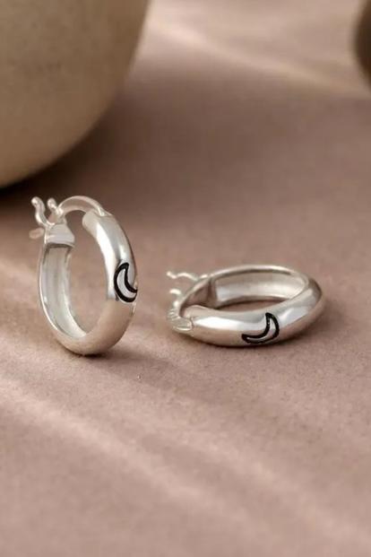 Metallic Sterling Silver Engraved Moon Hoops