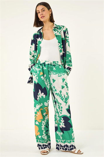 Green Border Print Wide Leg Trouser