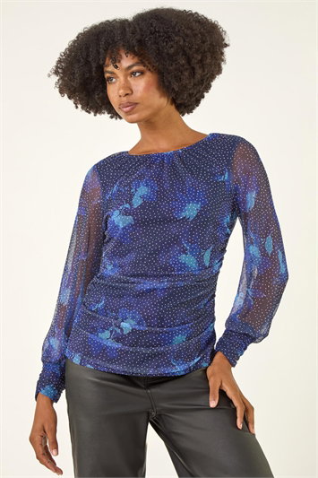 Blue Printed Stud Mesh Stretch Top