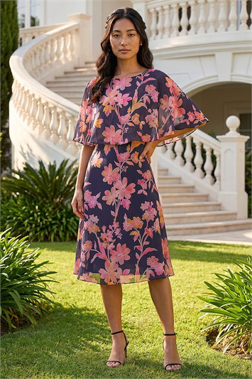 Petite Floral Print Cape Dress 14829960