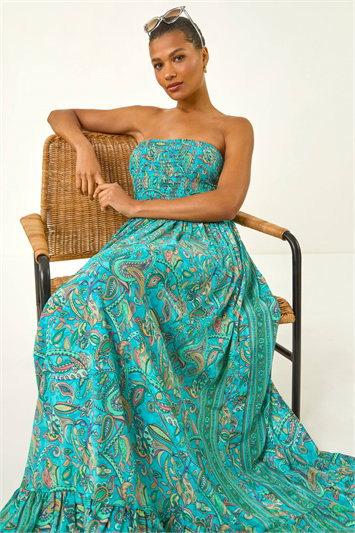 Blue Floral Print Bandeau Shirred Midi Dress