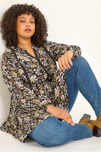 Black Curve Floral Woven Tunic Top