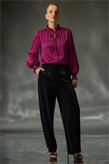 Purple Ruffle Front Tie Neck Blouse