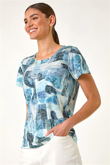 Blue Abstract Leaf Print Diamante Tee