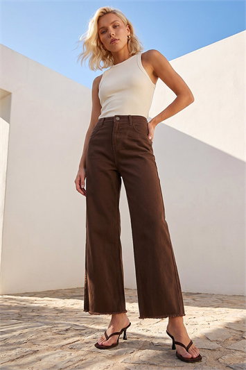 Brown Petite Frayed Hem Stretch Trouser