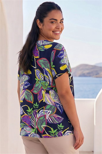 Curve Leaf Print Notch Neck Top 20259660