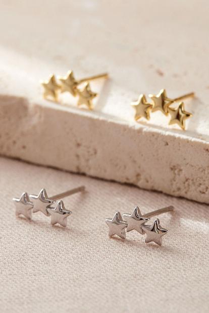 Metallic Sterling Silver Triple Star Stud Earrings