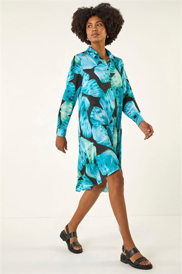 Blue Abstract Print High Low Shirt Dress