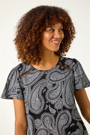 Black Paisley Print Ladder Trim Top