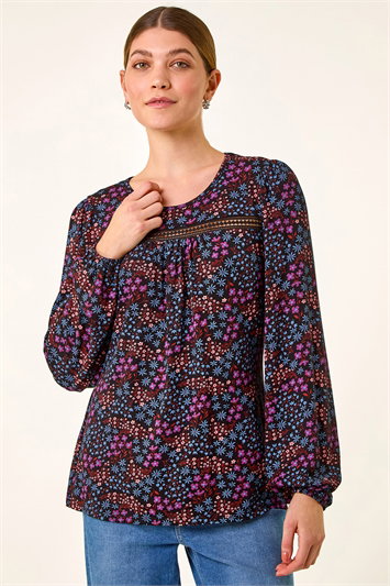 Purple Floral Print Trim Stretch Top
