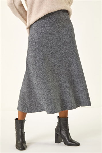Grey Knitted Elastic Waist A Line Midi Skirt