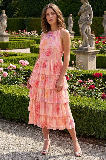 Pink Petite Tiered Halter Neck Dress