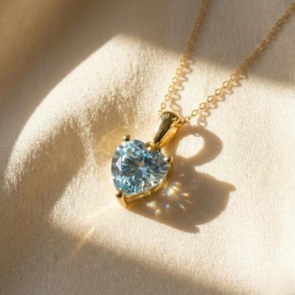 Metallic Heart Aquamarine March Birthstone Necklace