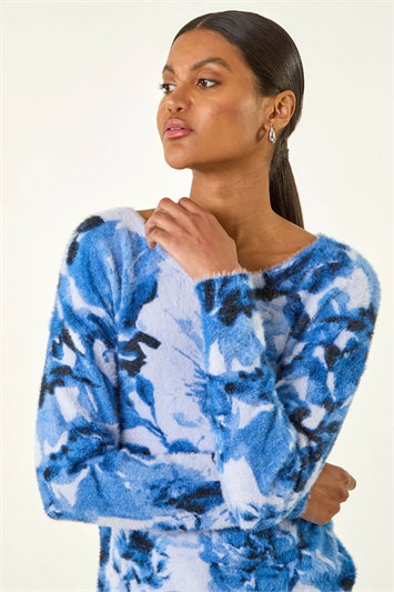 Blue Fluffy Floral Print Knit Jumper