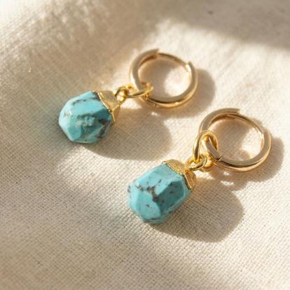 Metallic Raw Turquoise December Birthstone Gold Plated Huggies
