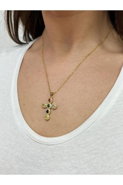 Metallic Cross Pendant Necklace In Multi Colour Stones - Gift Boxed