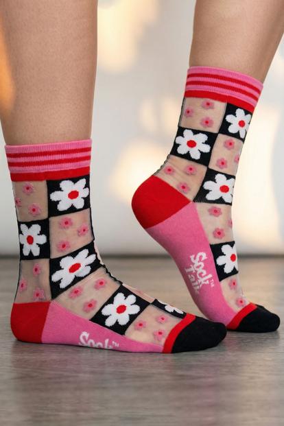 Pink Daisy Checkerboard Combed Cotton Sheer Pop Socks In Pink