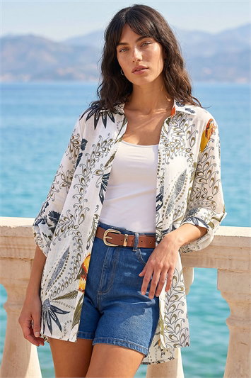 White Floral Print Collared Blouse
