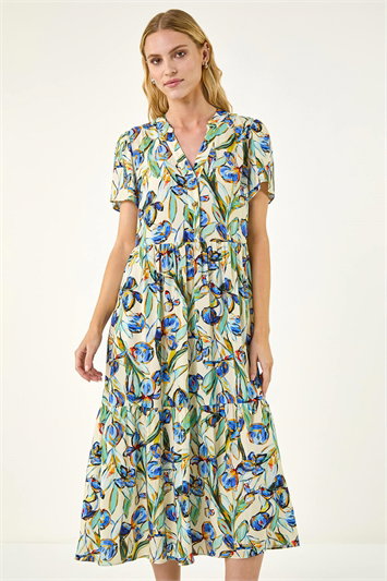 Blue Floral V-Neck Midi Dress