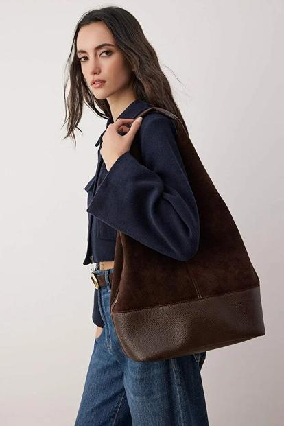 Green Women's Suede And Leather Contrast Panel Hobo Shoulder Bag