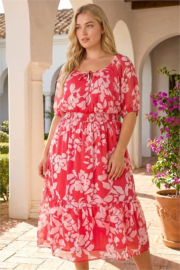 Pink Curve Tropical Print Tie Neck Midi Dress