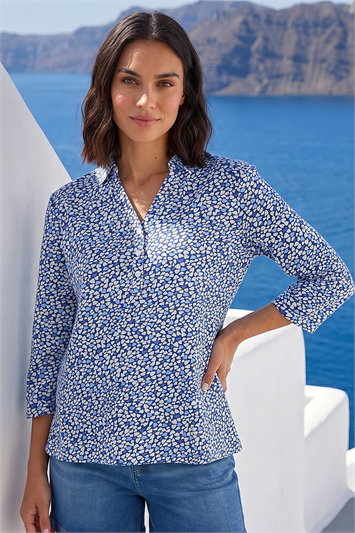 Blue Heart Print Collared Top