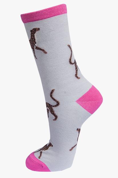 Grey Cheetah Bamboo Socks - Grey/Pink
