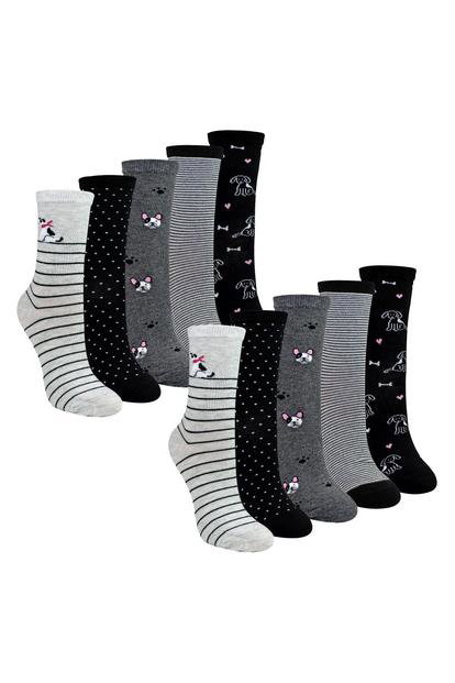 Multi 10 Pairs Ladies Dog Patterned Socks - Soft Cotton Rich Fun Dog Design Socks