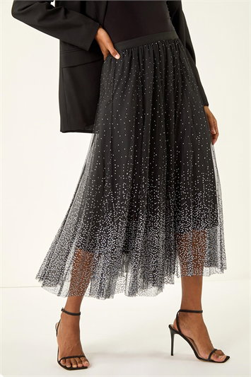 Black Polka Dot Print Elasticated Mesh Skirt